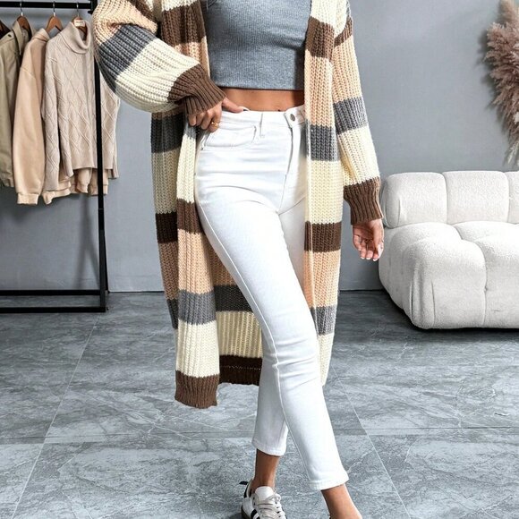 Multicolor Casual Women's Colorblock Patchwork Long Open Front Cardigan - Picture 6 of 6